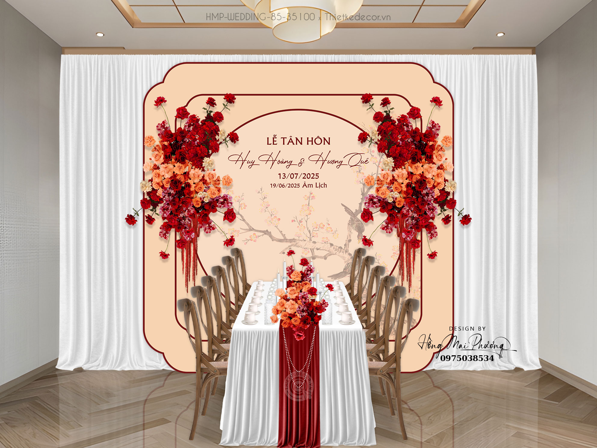 Backdrop Gia tiên đôi chim uyên ương trên cành đào nền kem